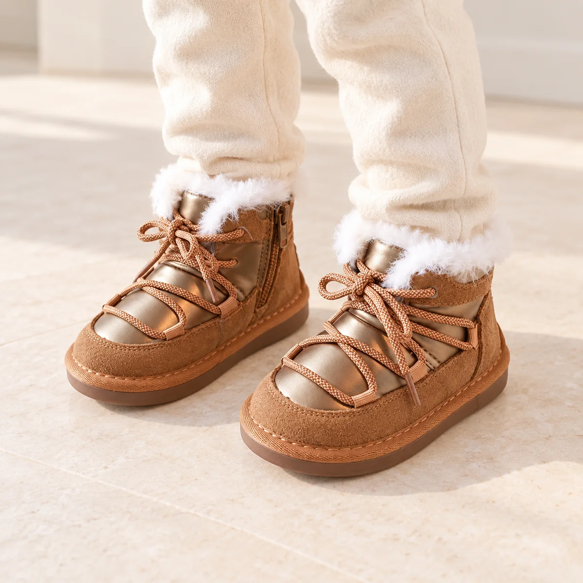 bottines enfant camel fourrees a lacets et zip portees par un enfant