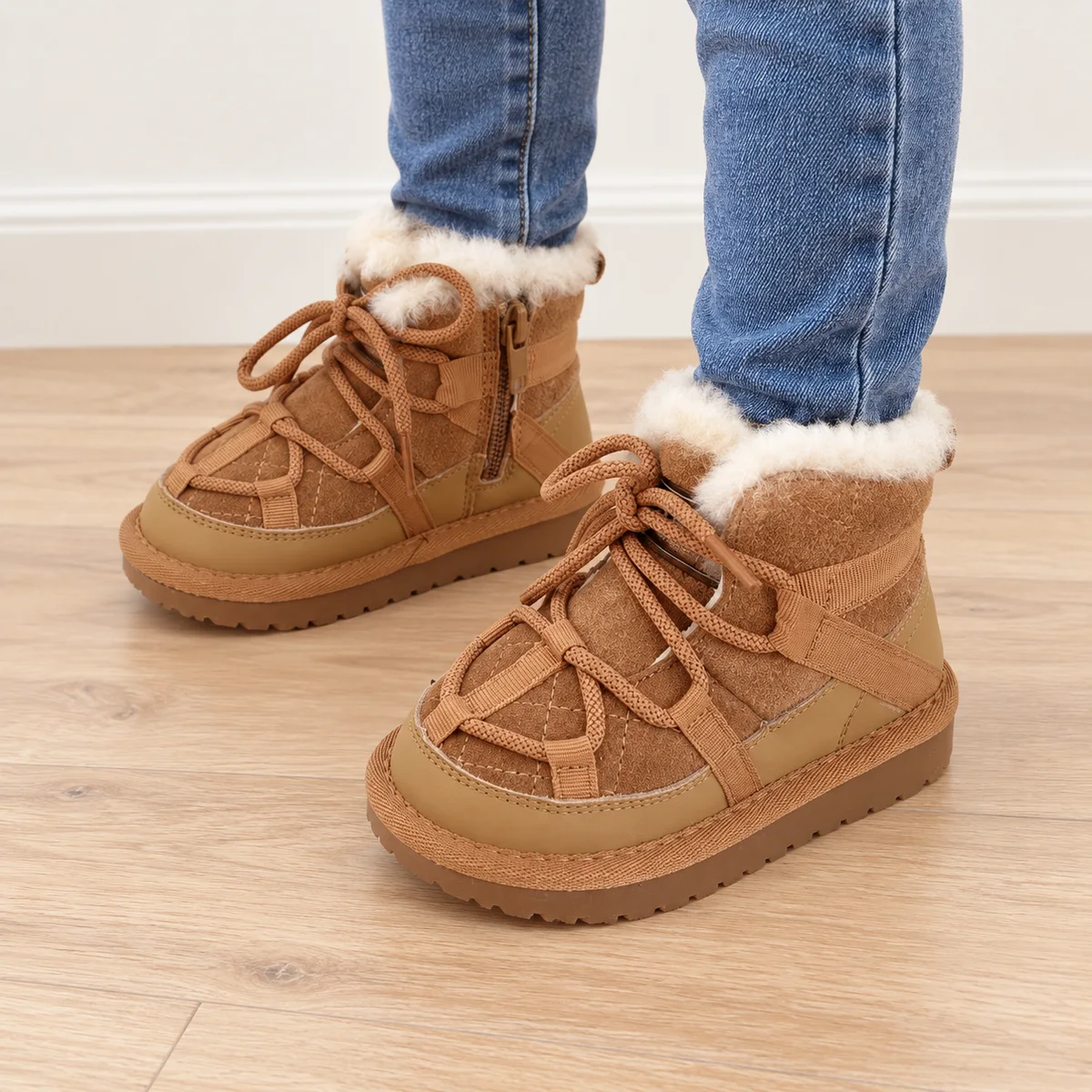 bottines enfant camel fourrees a lacets portees par un enfant