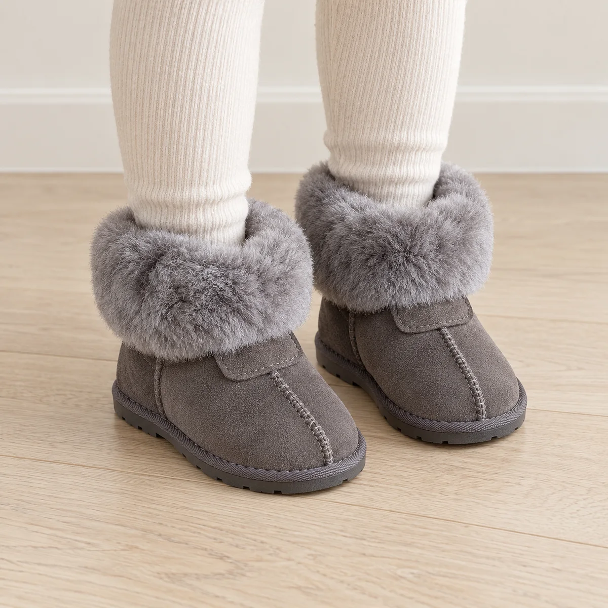 bottines enfant grises fourrees a revers portees par un enfant