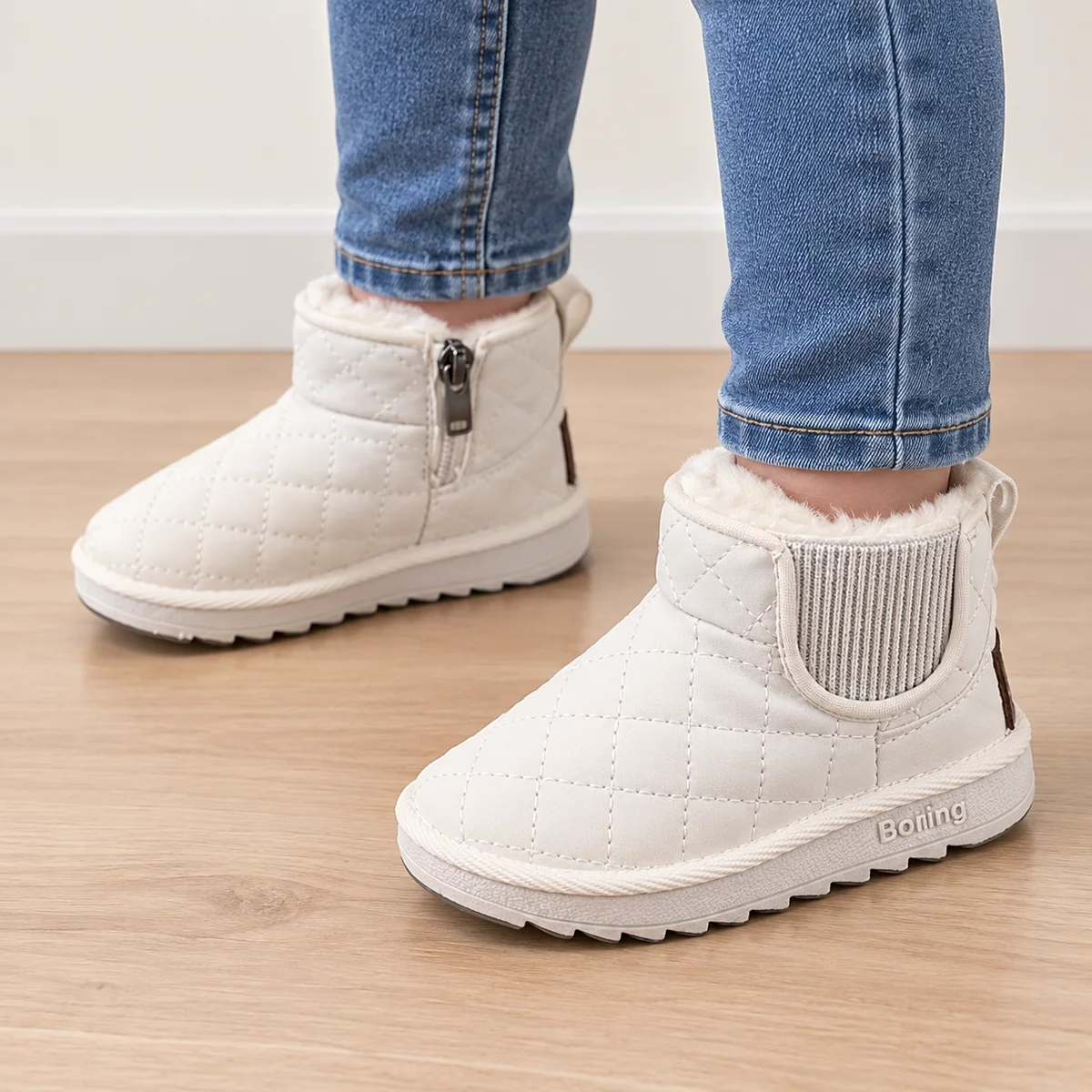 bottines enfant ivoire fourrees a zip et revers portees par un enfant