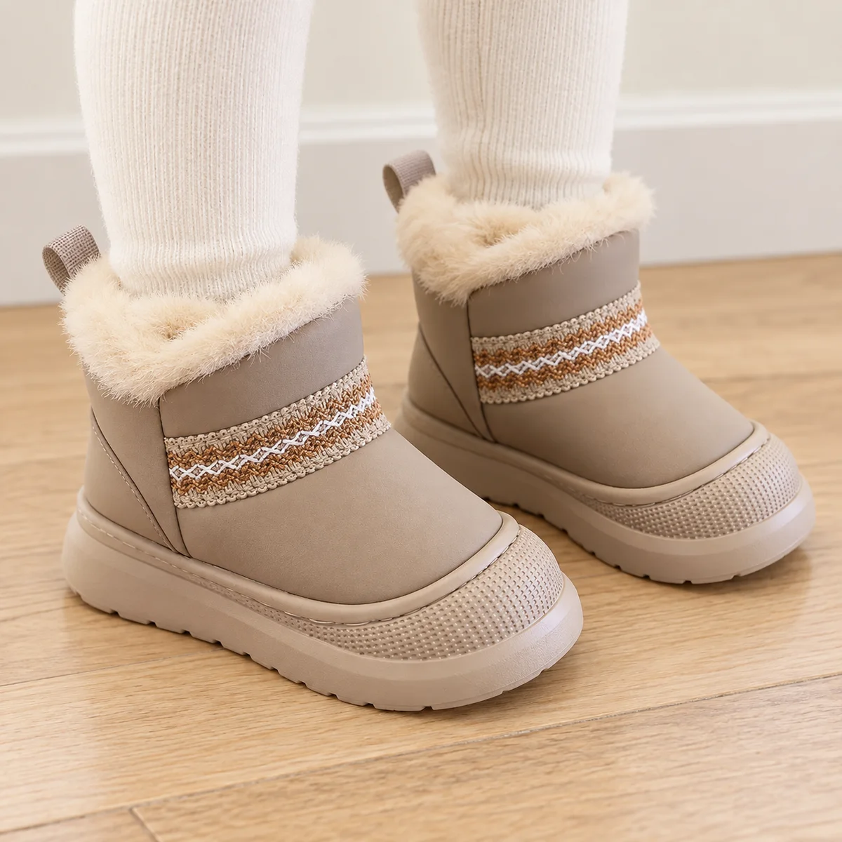 bottines enfant kaki fourrees a bande decorative portees par un enfant