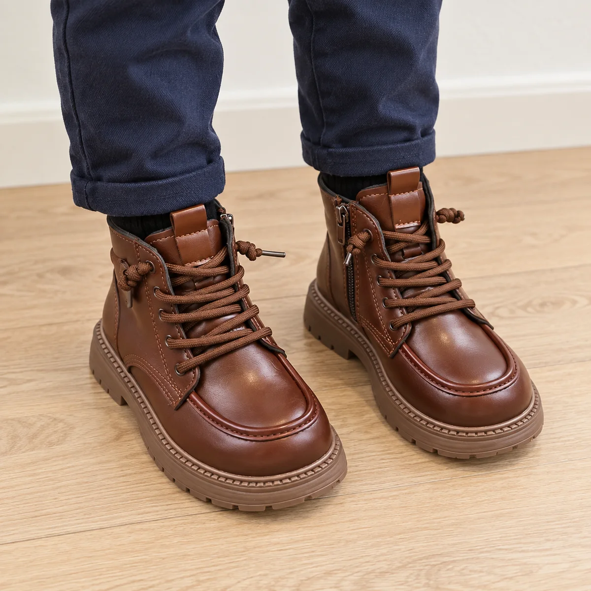 bottines enfant marron a lacets et coutures sur le bout portees par un enfant