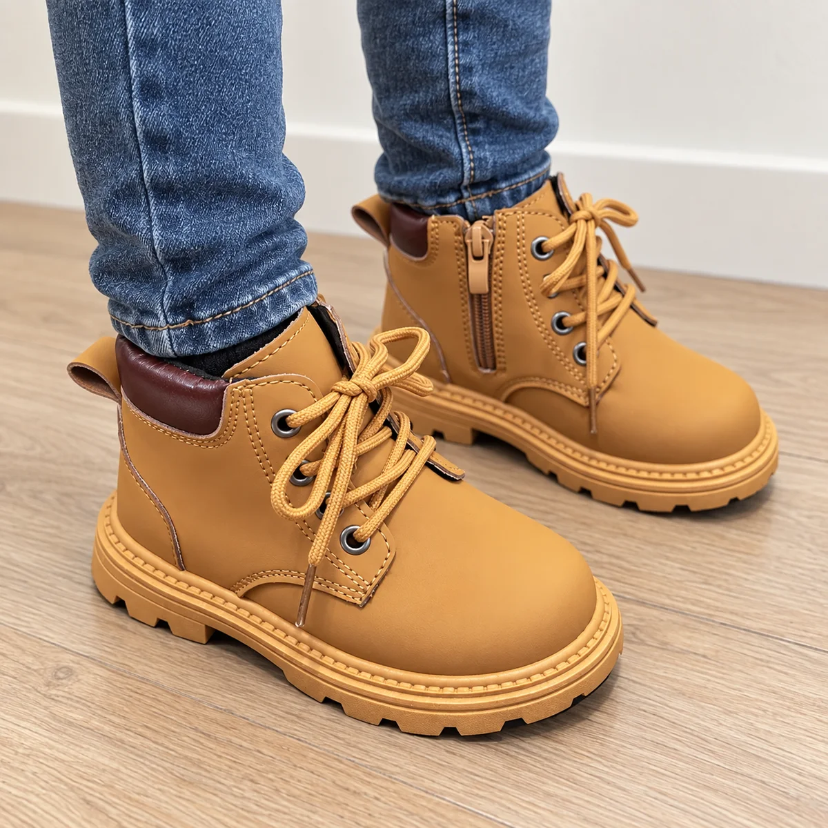 bottines enfant marron a zip et lacets style britannique portees par un enfant