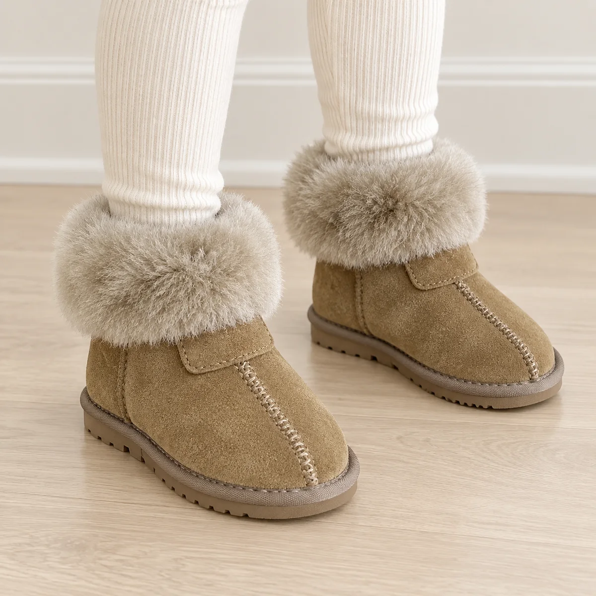 bottines enfant marron antilope fourrees a revers portees par un enfant