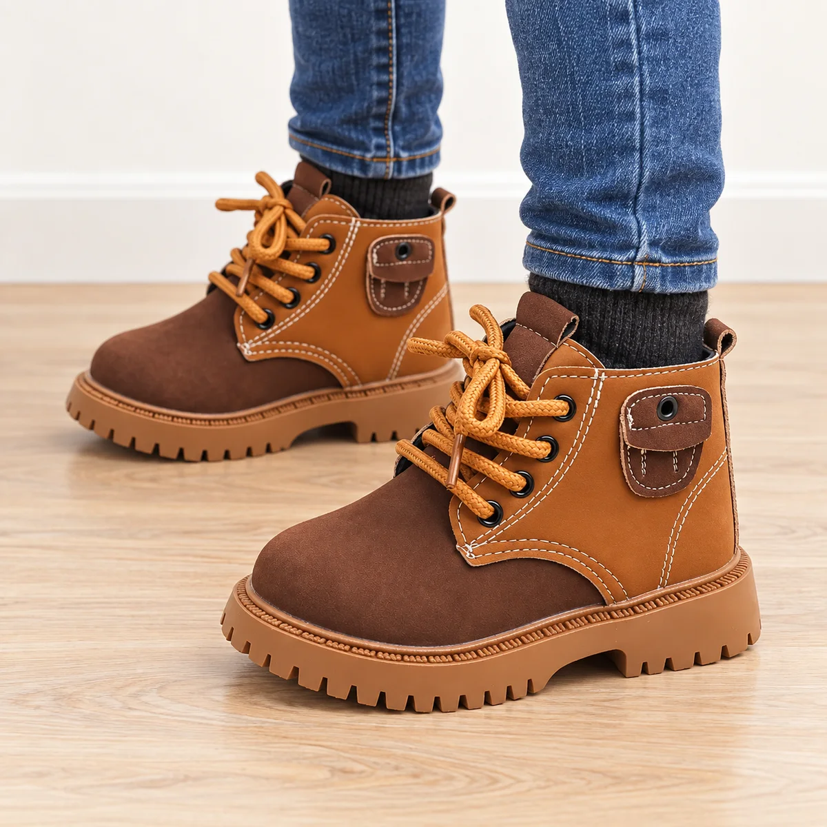 bottines enfant marron bicolores a lacets jaunes portees par un enfant
