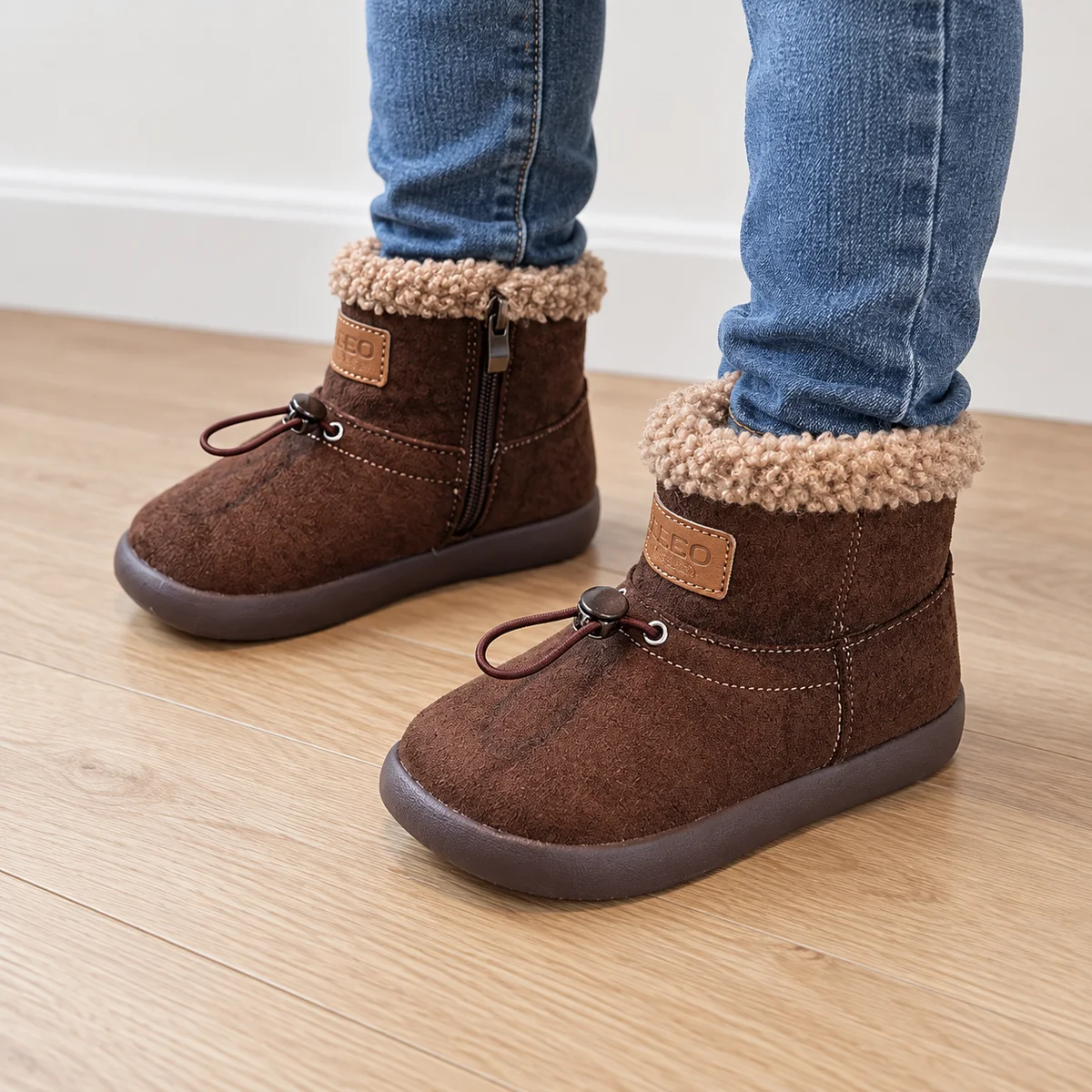 bottines enfant marron fonce fourrees a zip portees par un enfant