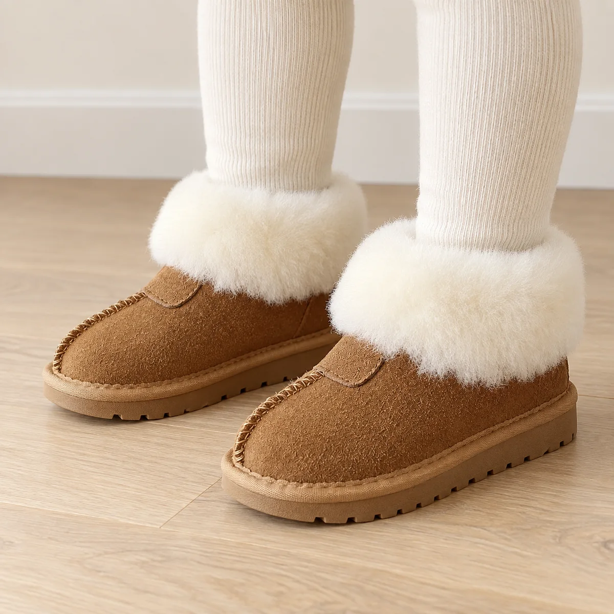 bottines enfant marron fourrees a revers portees par un enfant