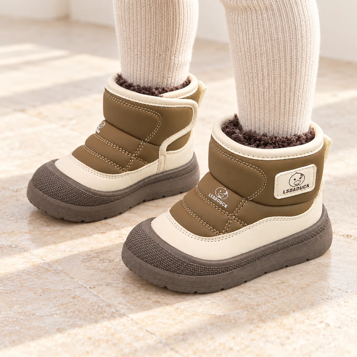 bottines enfant marron fourrees a scratch portees par un enfant