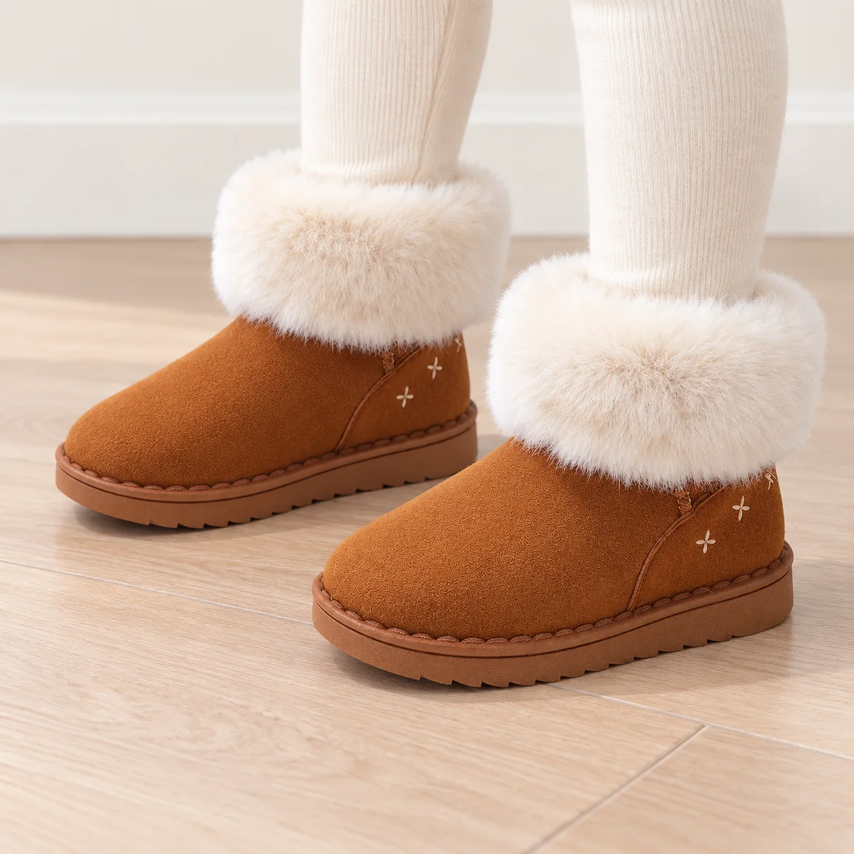 bottines enfant marron fourrees en microfibre portees par un enfant