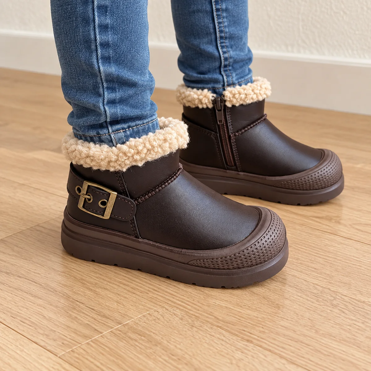 bottines enfant marron fourrees en similicuir a zip portees par un enfant