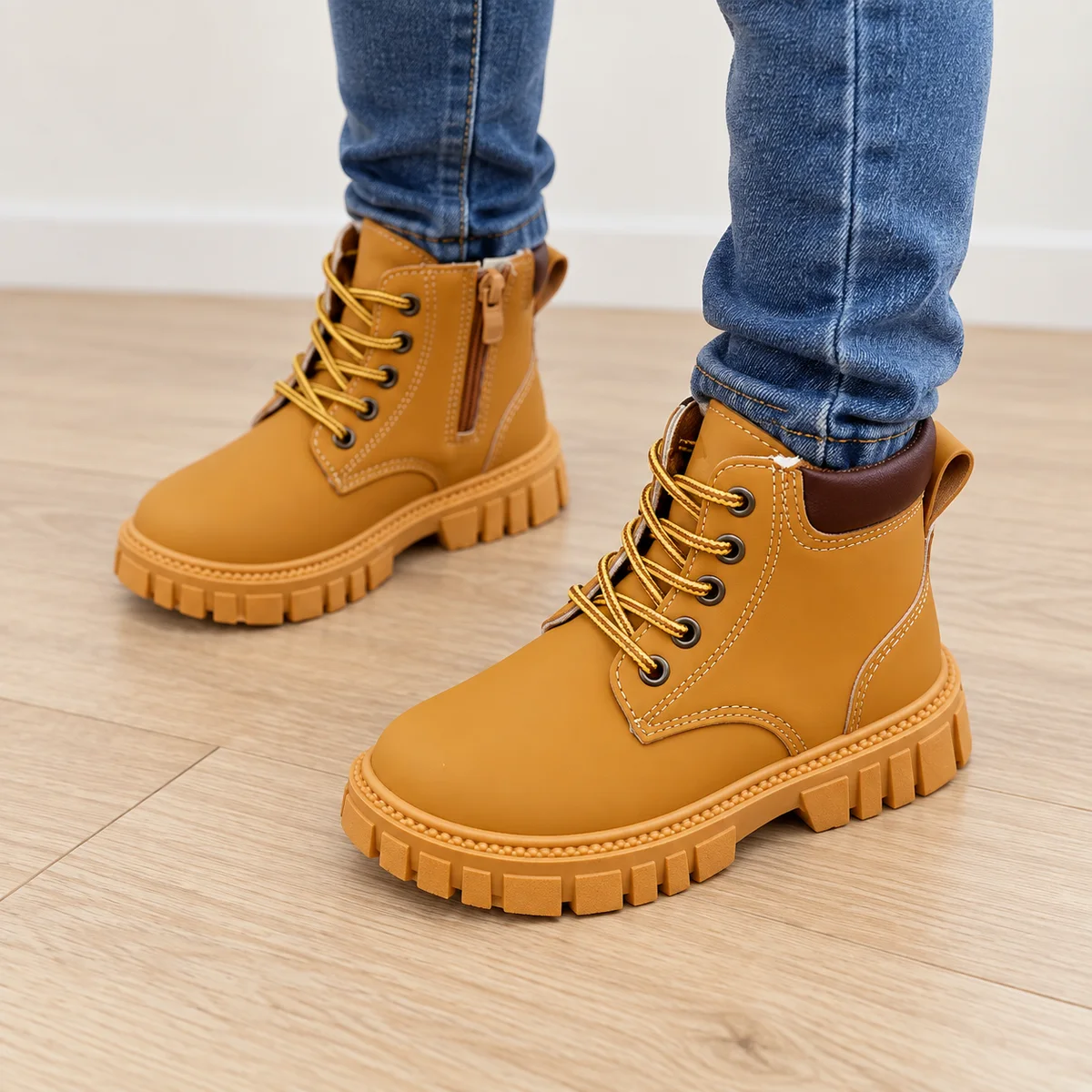bottines enfant marron non fourrees a bout rond et lacets portees par un enfant