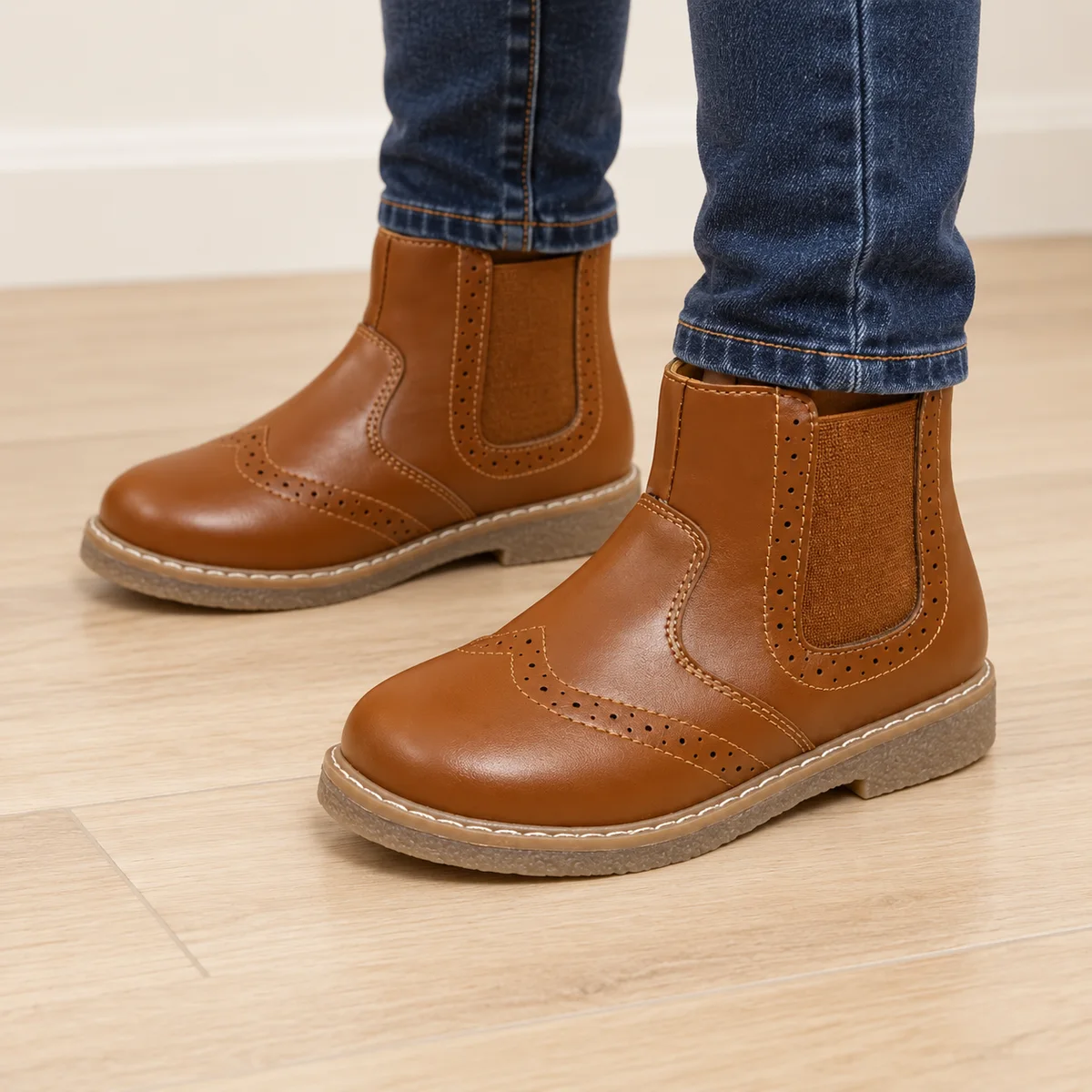 bottines enfant marron retro a perforations decoratives portees par un enfant