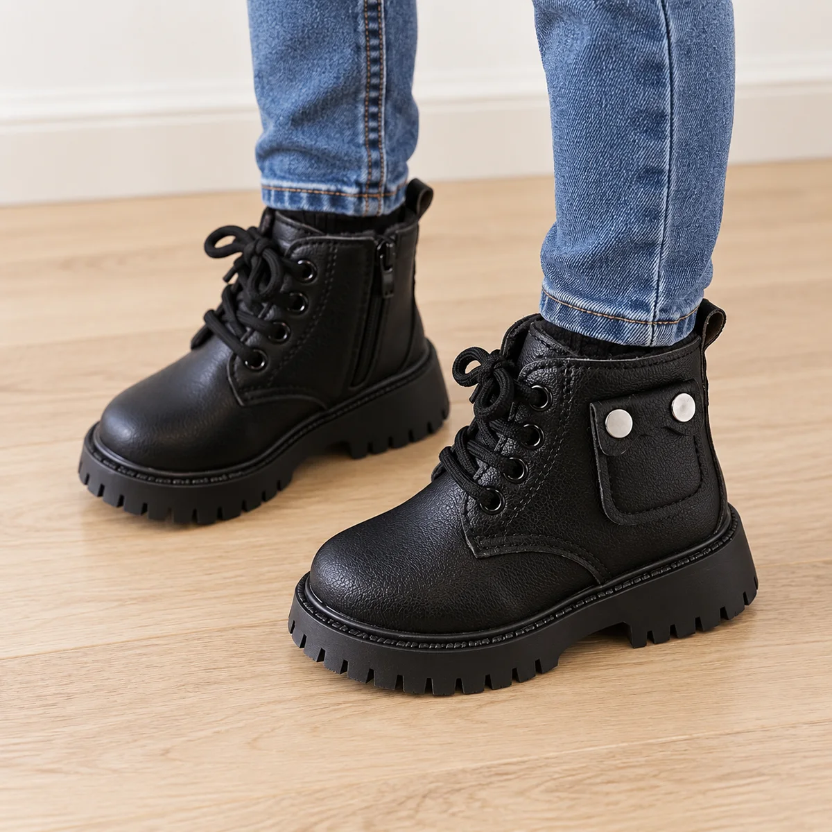 bottines enfant noires fourrees a poche laterale portees par un enfant