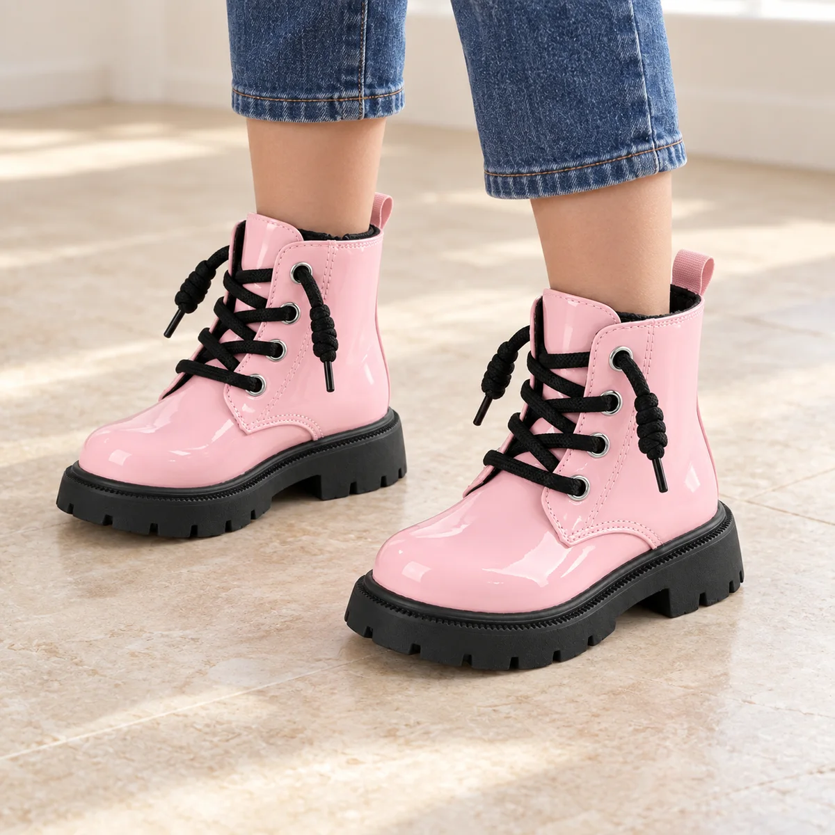 bottines enfant roses a lacets et zip portees par un enfant