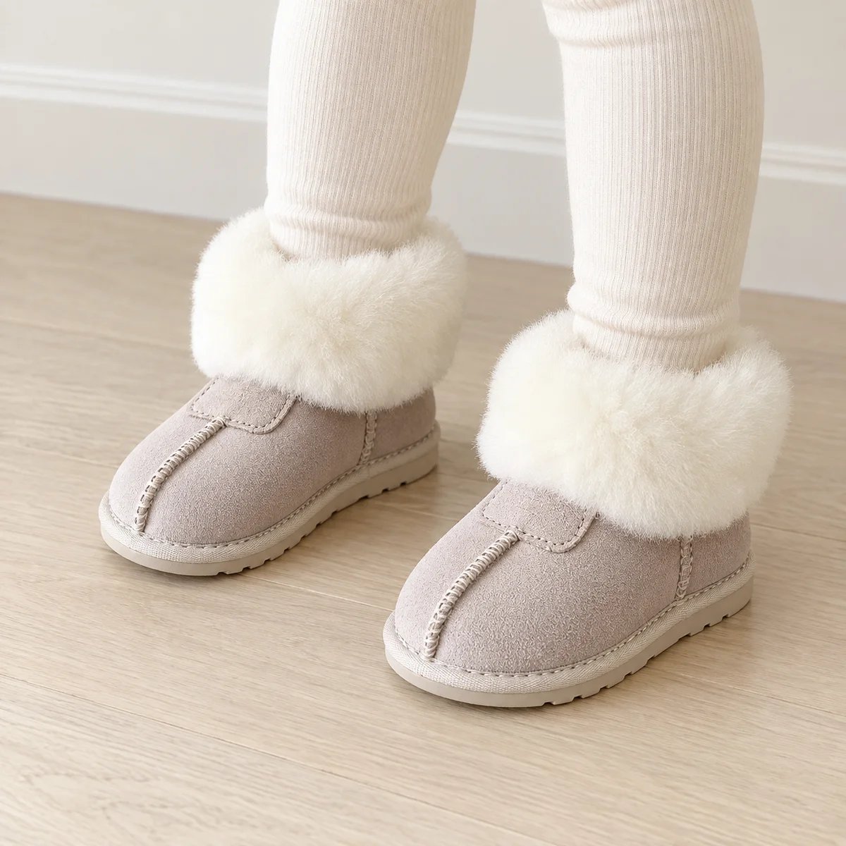 bottines enfant sable fourrees a revers portees par un enfant