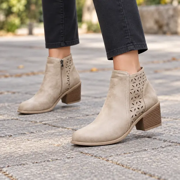 bottines femme beiges ajourees a talon portees en marchant avec un pantalon sombre 45217