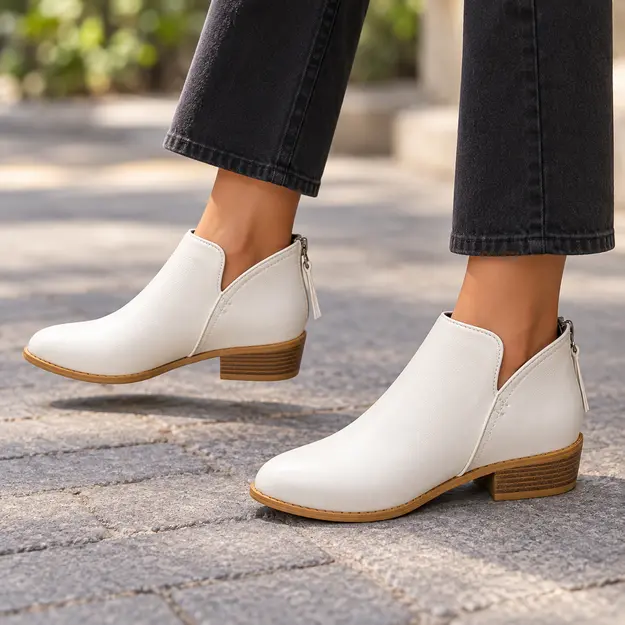 bottines femme blanches retro a zip arriere portees en marchant avec un pantalon sombre 45146