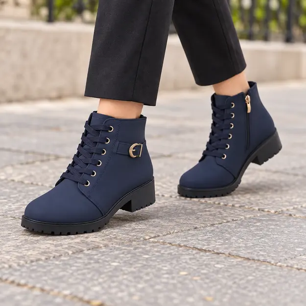 bottines femme bleues a lacets et talon carre portees en marchant avec un pantalon sombre 45211
