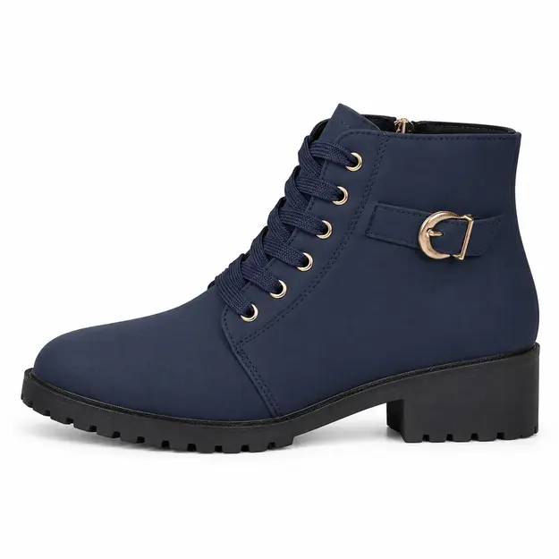 bottines femme bleues a lacets et talon carre vue de profil sur fond blanc 45211