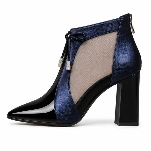 bottines femme bleues ajourees a haut talon vue de profil sur fond blanc 45227