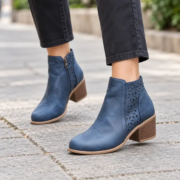 bottines femme bleues ajourees a talon portees en marchant avec un pantalon sombre 45218