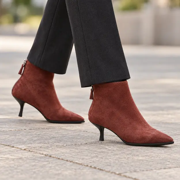 bottines femme bordeaux a petit talon fin portees en marchant avec un pantalon sombre 45150
