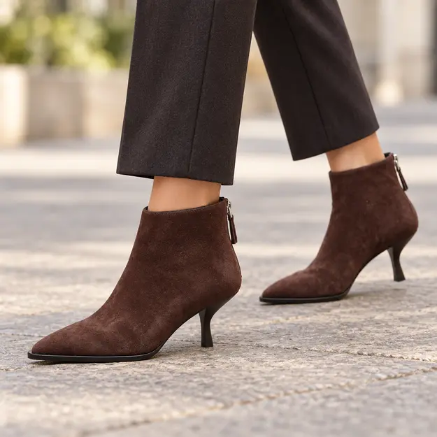 bottines femme cafe a petit talon fin portees en marchant avec un pantalon sombre 45151