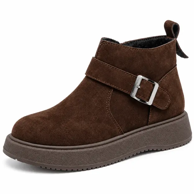 Bottines femme café fourrées à boucle en cuir élégant