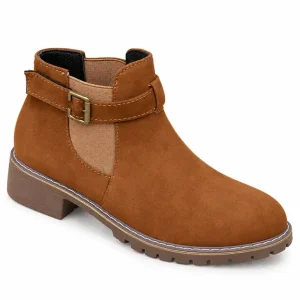 bottines femme marron clair a boucle et talon carre vue de trois quarts sur fond blanc 45226