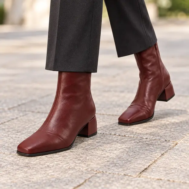 bottines femme marron doublees a bout carre portees en marchant avec un pantalon sombre 45143