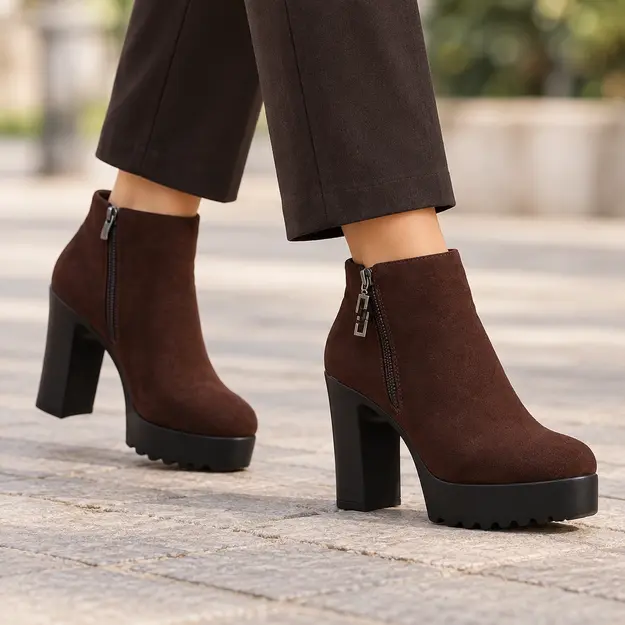 bottines femme marron effet suede a haut talon portees en marchant avec un pantalon sombre 45134