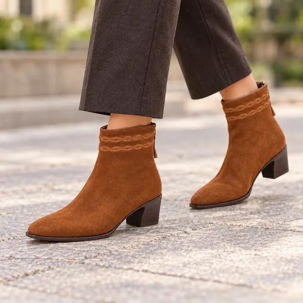 bottines femme marron fourrees a finition veloutee portees en marchant avec un pantalon sombre 45141