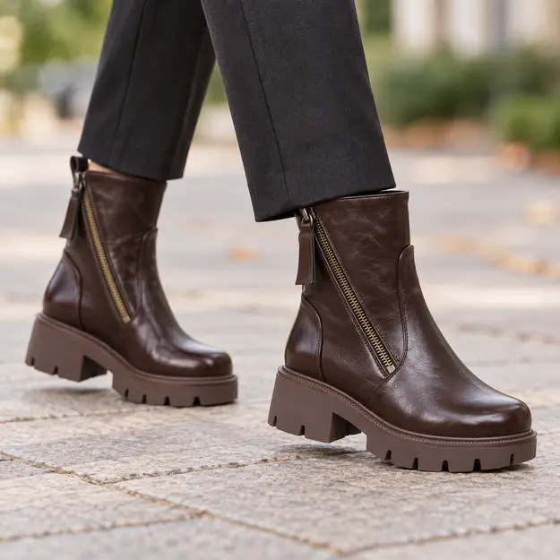 Chaussures femme marron fourrées à fermeture éclair et semelle antidérapante