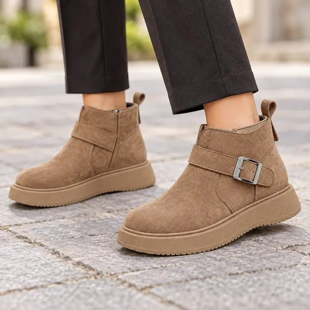 Vue de face des bottines kaki fourrées à boucle pour femme