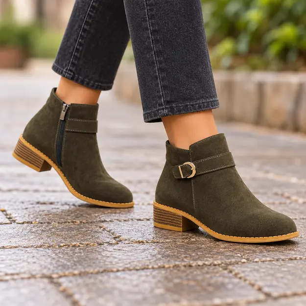 bottines femme vertes a boucle et zip portees en marchant avec un pantalon sombre 45155