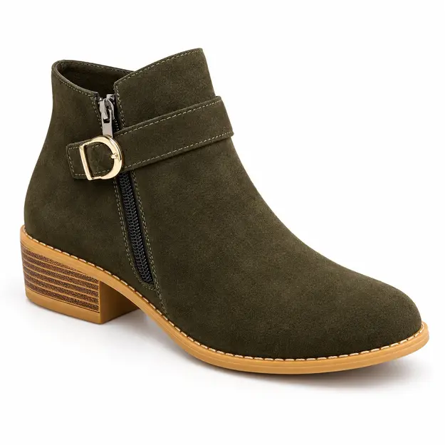 bottines femme vertes a boucle et zip vue de trois quarts sur fond blanc 45155