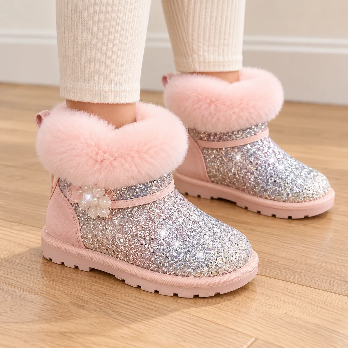 bottines fille argentees a sequins et revers rose portees par un enfant