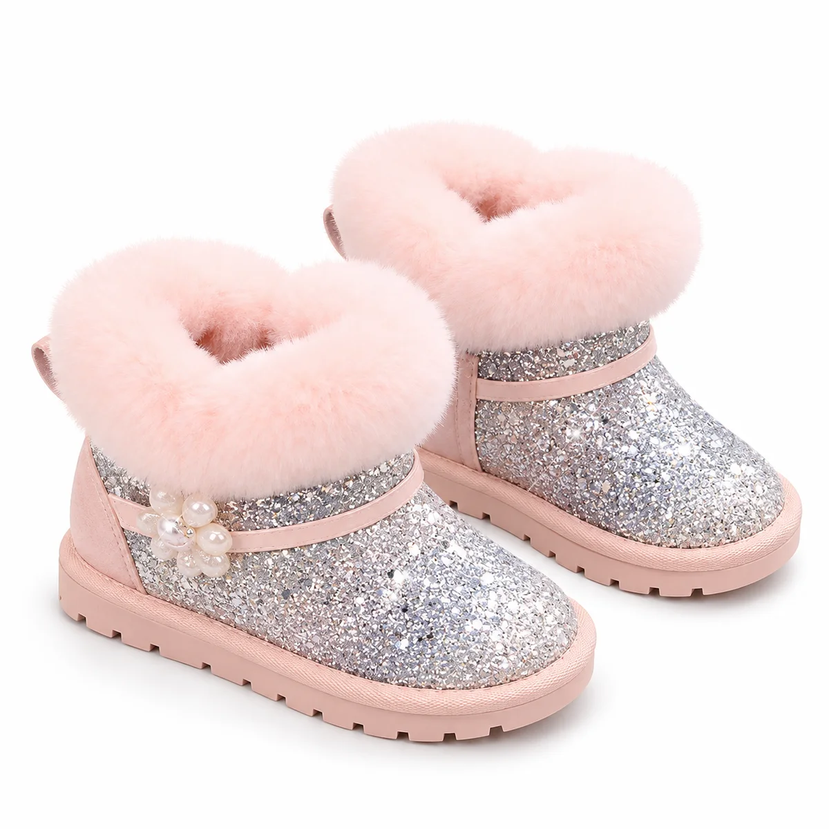 bottines fille argentees a sequins et revers rose sur fond blanc