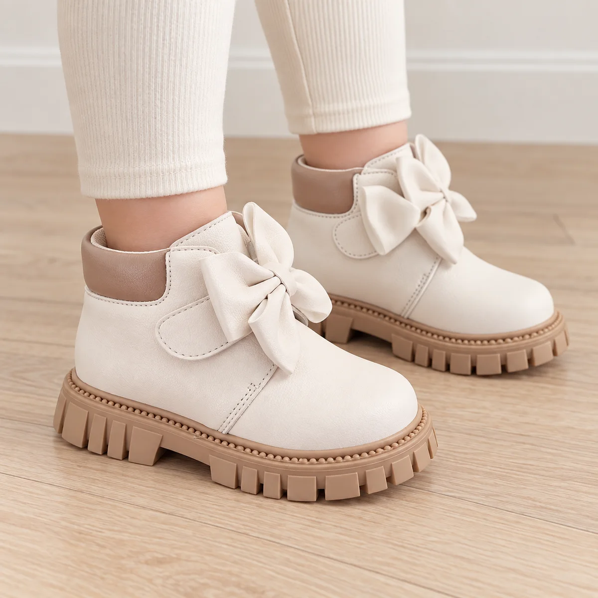 bottines fille beiges a noeud et scratch portees par un enfant