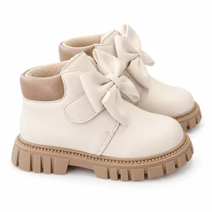 bottines fille beiges a noeud et scratch sur fond blanc