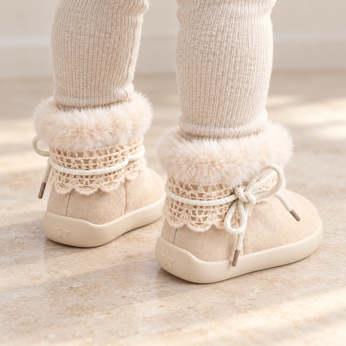 bottines fille beiges fourrees a noeud portees par un enfant