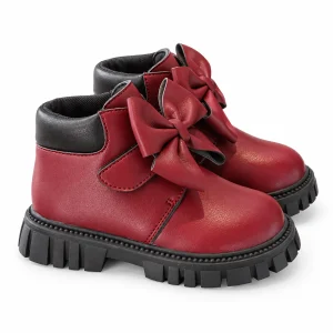 bottines fille bordeaux a noeud et scratch sur fond blanc