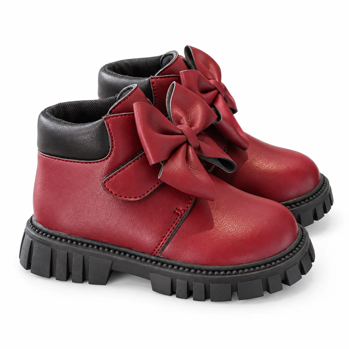 bottines fille bordeaux a noeud et scratch sur fond blanc