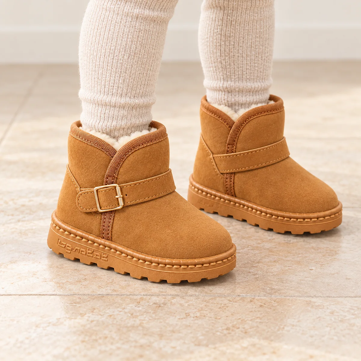 bottines fille camel fourrees a bride et boucle portees par un enfant