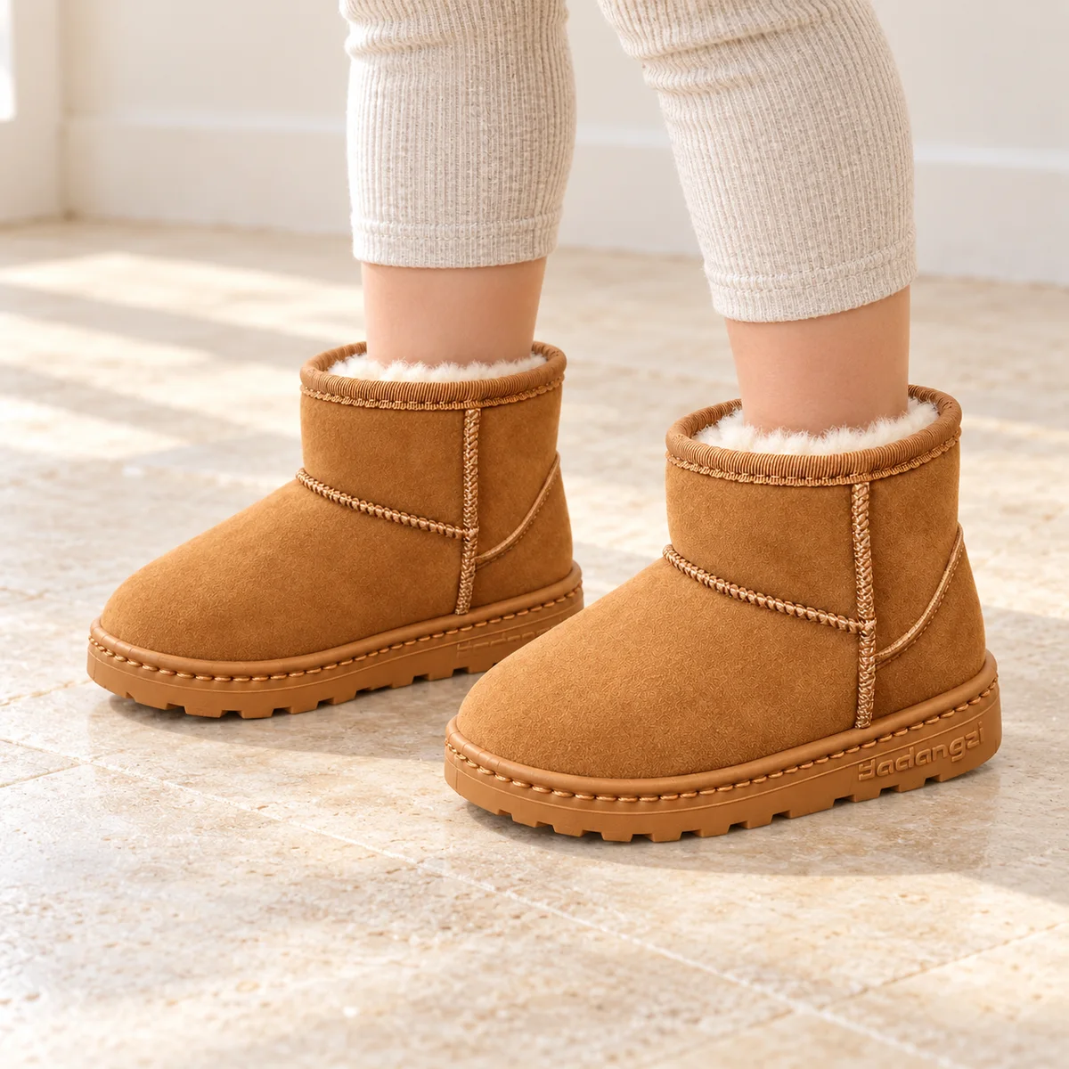 bottines fille camel fourrees a enfiler portees par un enfant