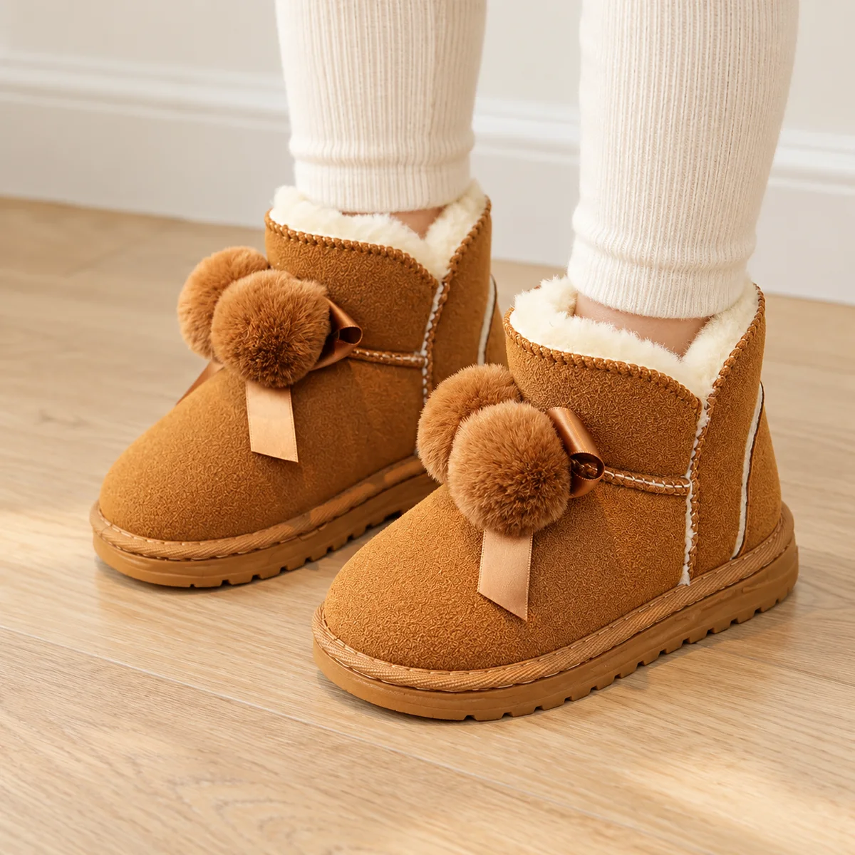 bottines fille camel fourrees a noeud et pompons portees par un enfant