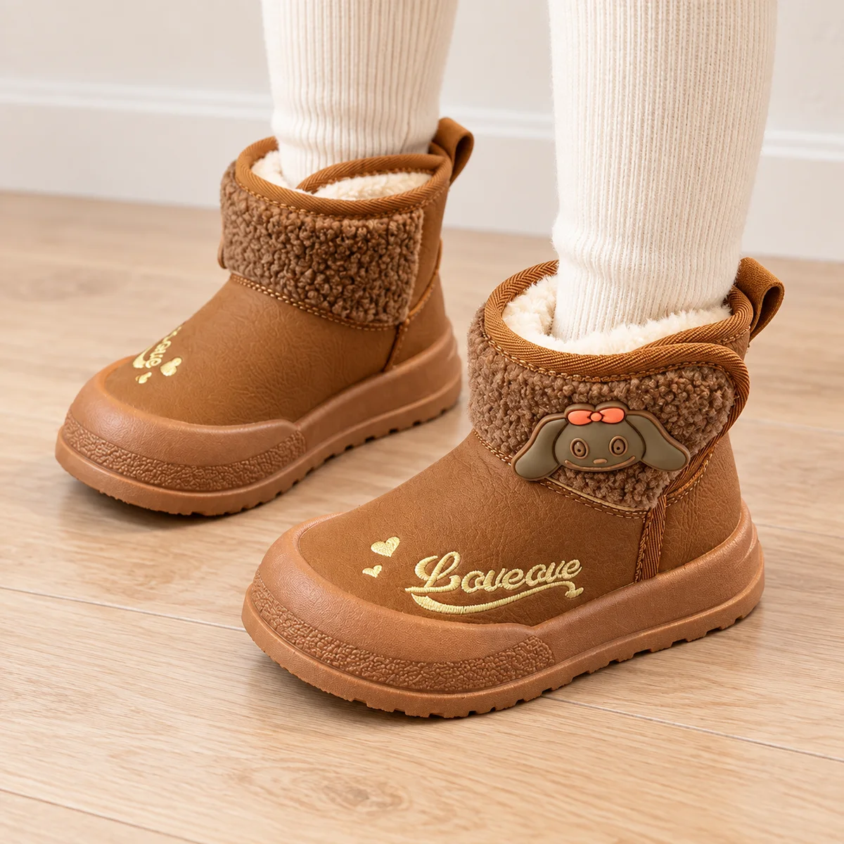 bottines fille caramel fourrees a ecusson et semelle epaisse portees par un enfant