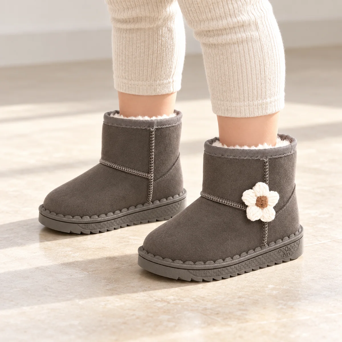 bottines fille grises fourrees a fleur portees par un enfant