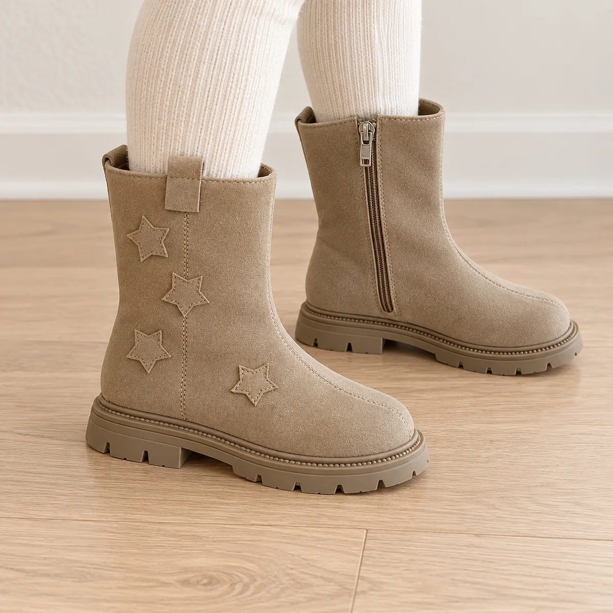 bottines fille kaki fourrees a etoiles et zip portees par un enfant