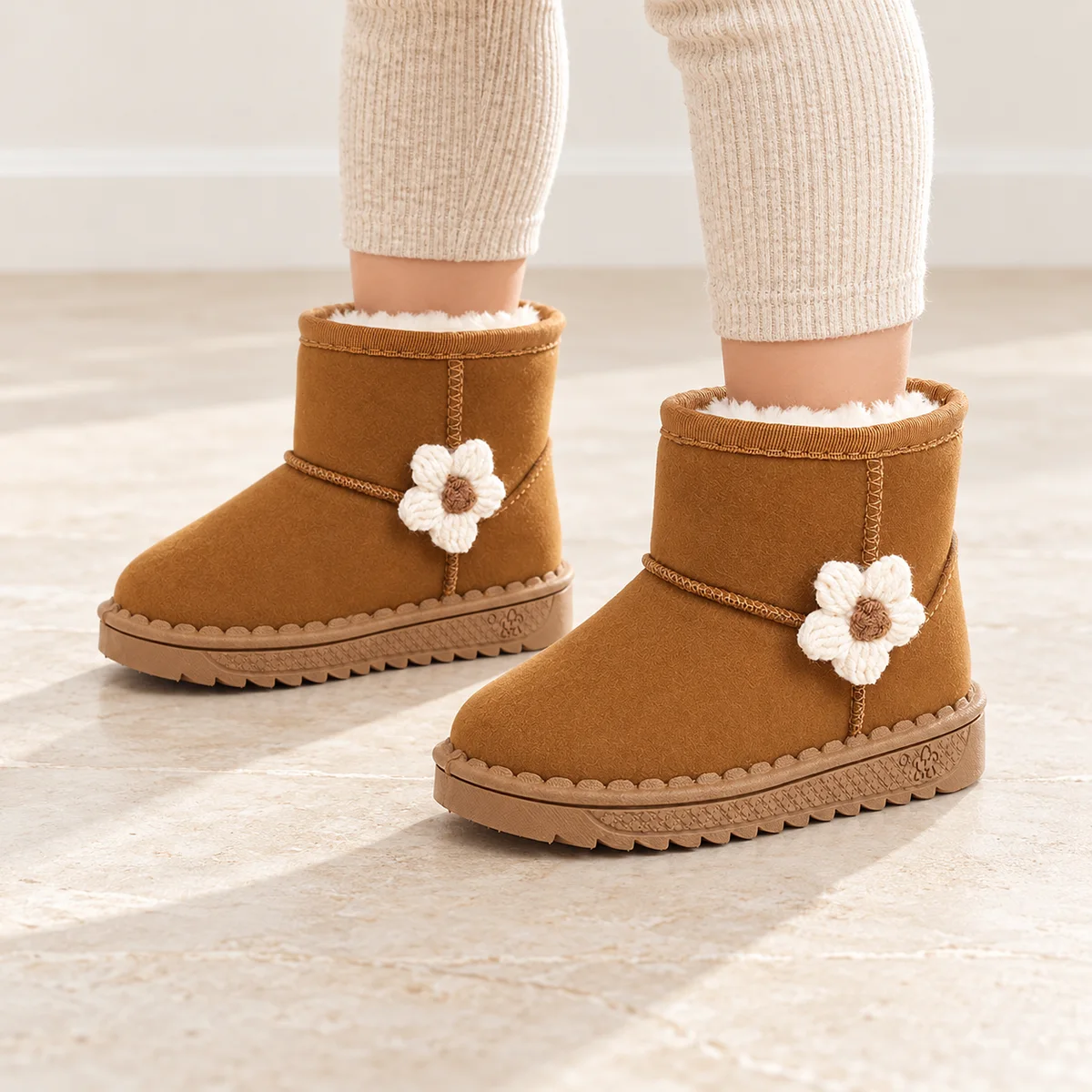 bottines fille marron fourrees a fleur portees par un enfant